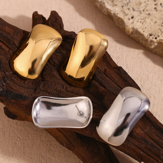 18k Gold Stainless Steel Simplified Fancy Gal Large Glossy Rectangular Stud Earrings