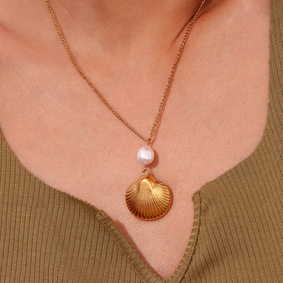 18k Gold Eco-friendly Freshwater Pearl Boho Shell Necklace Hoop Earrings Jewelry Set