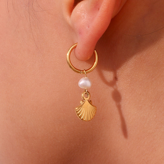 18k Gold Eco-friendly Freshwater Pearl Boho Shell Necklace Hoop Earrings Jewelry Set