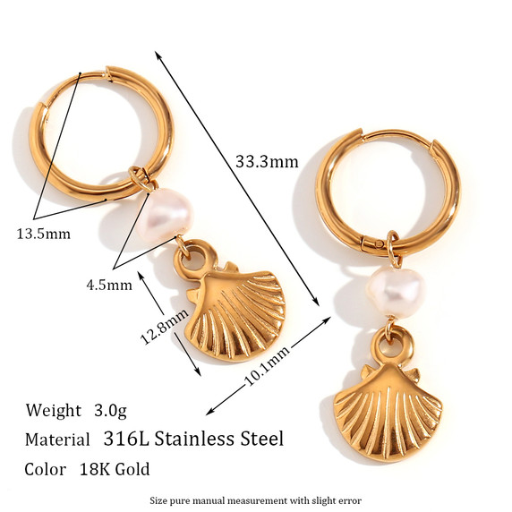 18k Gold Eco-friendly Freshwater Pearl Boho Shell Necklace Hoop Earrings Jewelry Set