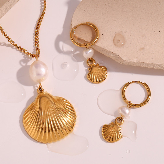 18k Gold Eco-friendly Freshwater Pearl Boho Shell Necklace Hoop Earrings Jewelry Set