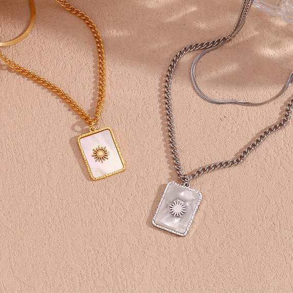 Double Layer Herringbone Twisted Chain Square Sun Ray Shell Sun Pendant Necklace