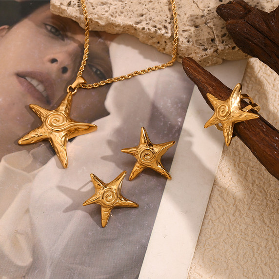 Ladies 18k Gold Starfish Necklace Earrings Ring Waterproof Stainless Steel Jewelry Set