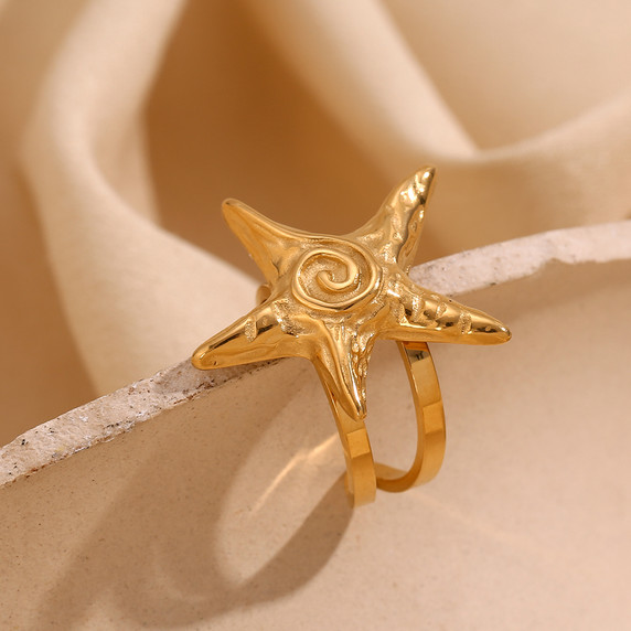 Ladies 18k Gold Starfish Necklace Earrings Ring Waterproof Stainless Steel Jewelry Set