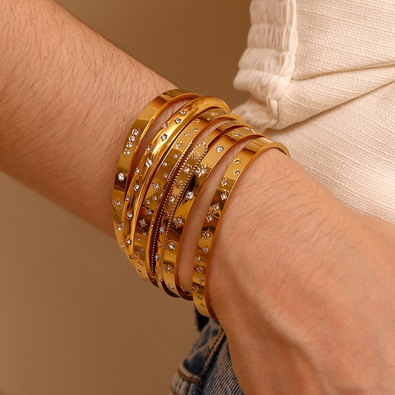 Stainless Steel 18K Gold Cuff Bangle CZ Bling Hip Hop Fashion Bracelets