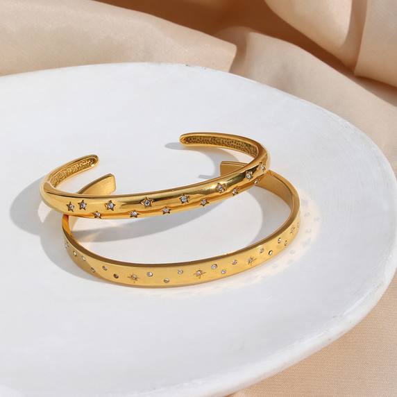 Stainless Steel 18K Gold Cuff Bangle CZ Bling Hip Hop Fashion Bracelets