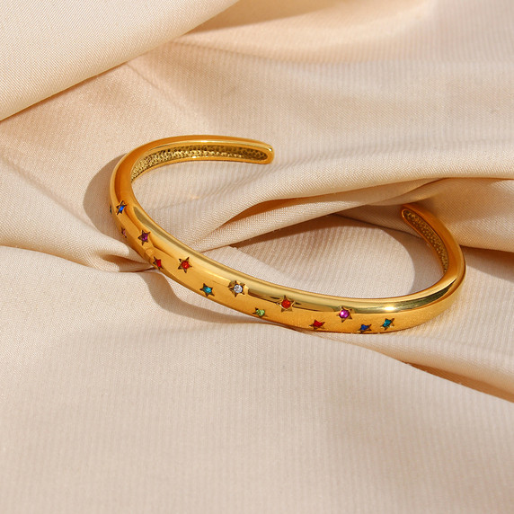 Stainless Steel 18K Gold Cuff Bangle CZ Bling Hip Hop Fashion Bracelets