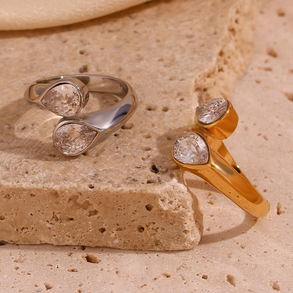 Womens Double Tear Drop CZ Bling Adjustable Waterproof Stainless Steel Rings