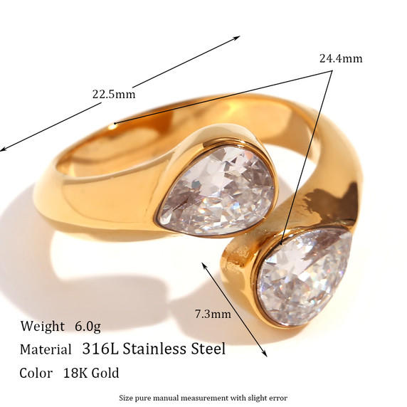 Womens Double Tear Drop CZ Bling Adjustable Waterproof Stainless Steel Rings