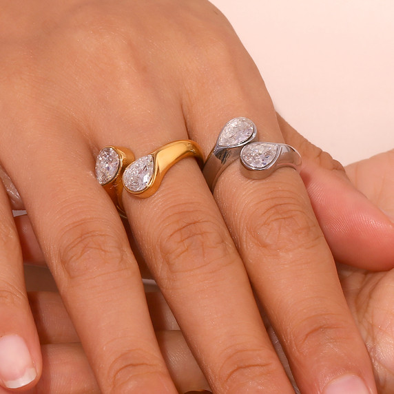 Womens Double Tear Drop CZ Bling Adjustable Waterproof Stainless Steel Rings