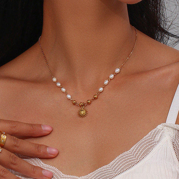 Ladies 18k Gold Freshwater Pearl Beads Stainless Steel Optimistic Sun Good Vibes Necklace