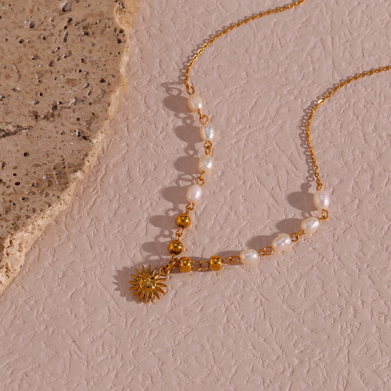 Ladies 18k Gold Freshwater Pearl Beads Stainless Steel Optimistic Sun Good Vibes Necklace