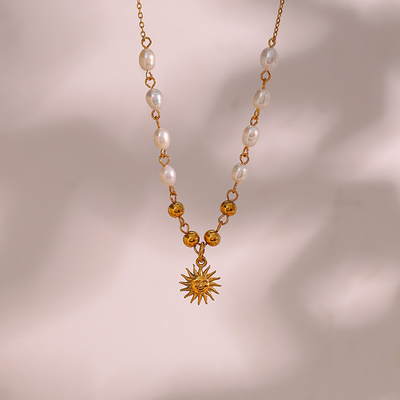 Ladies 18k Gold Freshwater Pearl Beads Stainless Steel Optimistic Sun Good Vibes Necklace