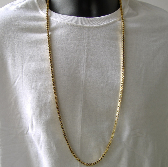 Mens Hip Hop 4mm 36 Inch Box Link Chain Necklace Gold