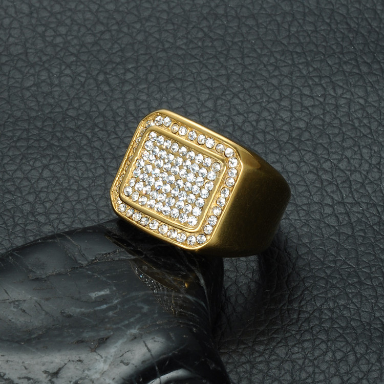 Hip Hop Micro Pave Simulated Diamond Square IP Gold Filled Titanium Stainless Steel Ring