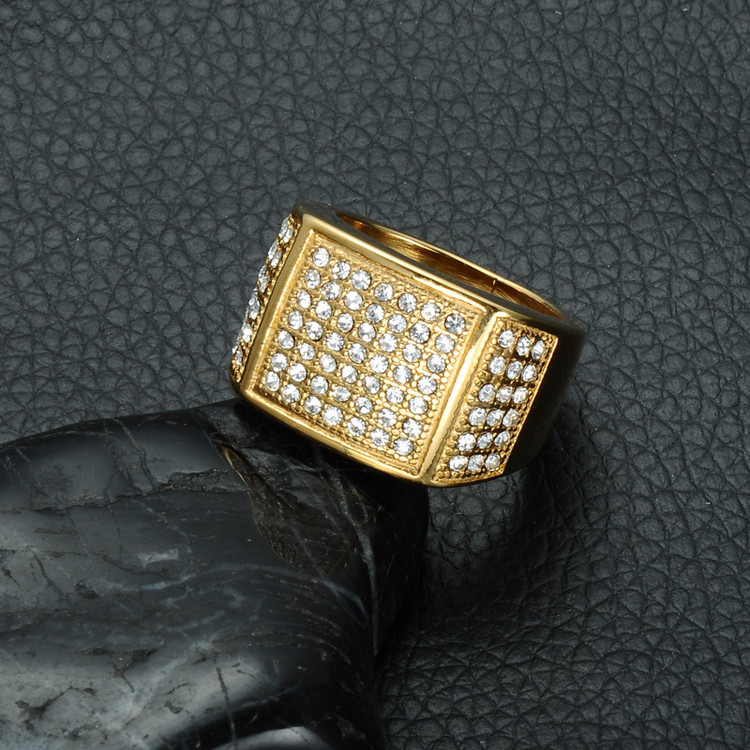 14k Gold Micro Pave Simulated Diamond Iced Out Bling Stainless Steel Square Cut Ring
