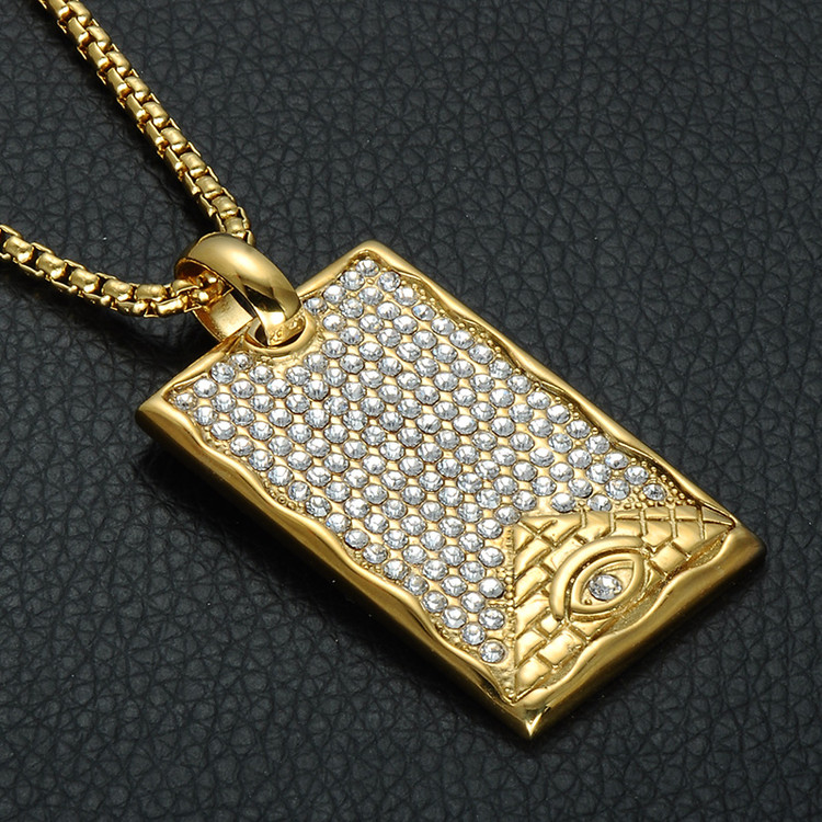 Mens Iced Out 14k Gold Square Dog Tag Lab Diamond Pyramid Eye Pendant Chain Necklace