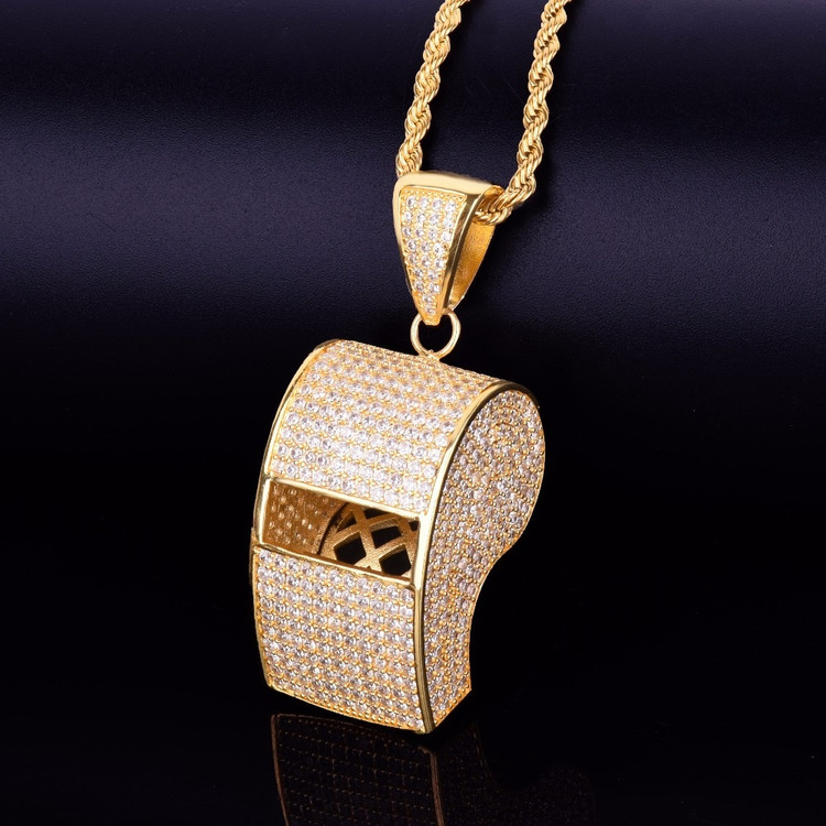 Micro Pave Silver 14k Gold AAA Stone Flooded Ice Hip Hop Referee Whistle Pendant Chain Necklace