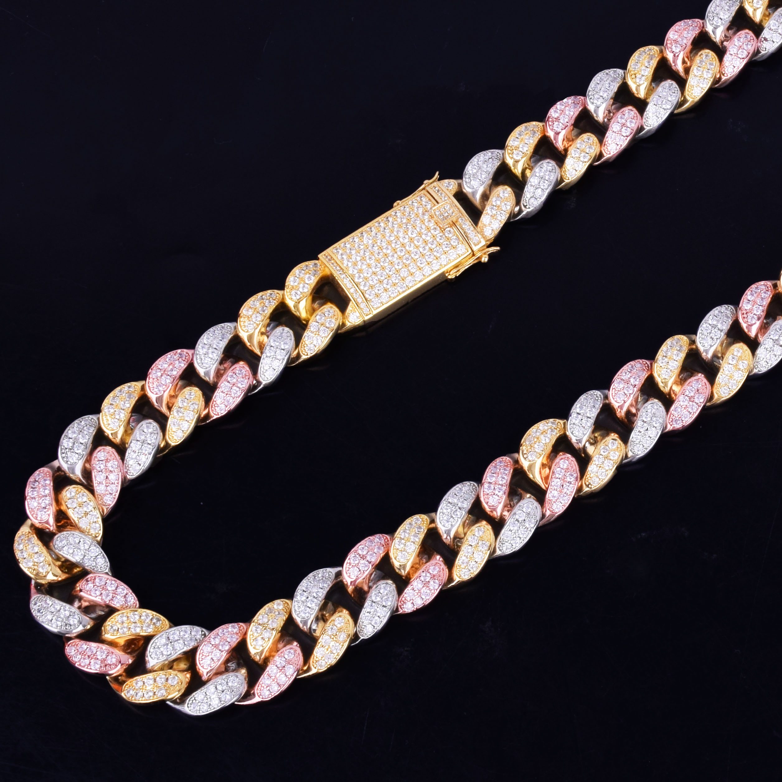 20mm Heavy Tri Color 14k Gold Silver Rose Micro Pave Miami Cuban Link Chain Necklace - Bling Jewelz