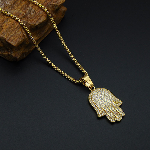 Hip Hop Titanium Stainless Steel Micro Pave Full Lab Stone Hamsa Hand ...