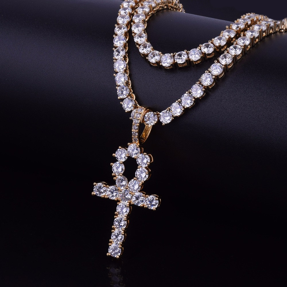 Men/'s White Gold Sterling Silver Lab Diamond Iced Out Ankh Cross Pendant 2.0 In