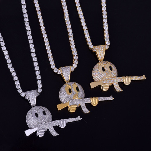 Mens Iced Out Ak47 Emoji Face Lab Diamond Micro Pave Gun  