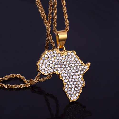 Lab Diamond Africa Map 14k Gold Bling Bling Pendant Chain Neckalce - Bling Jewelz