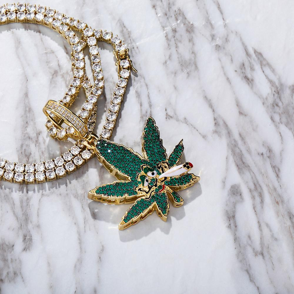 Flooded Ice Green Smoking Leaf Hip Hop Weed Pendant Bling Chain