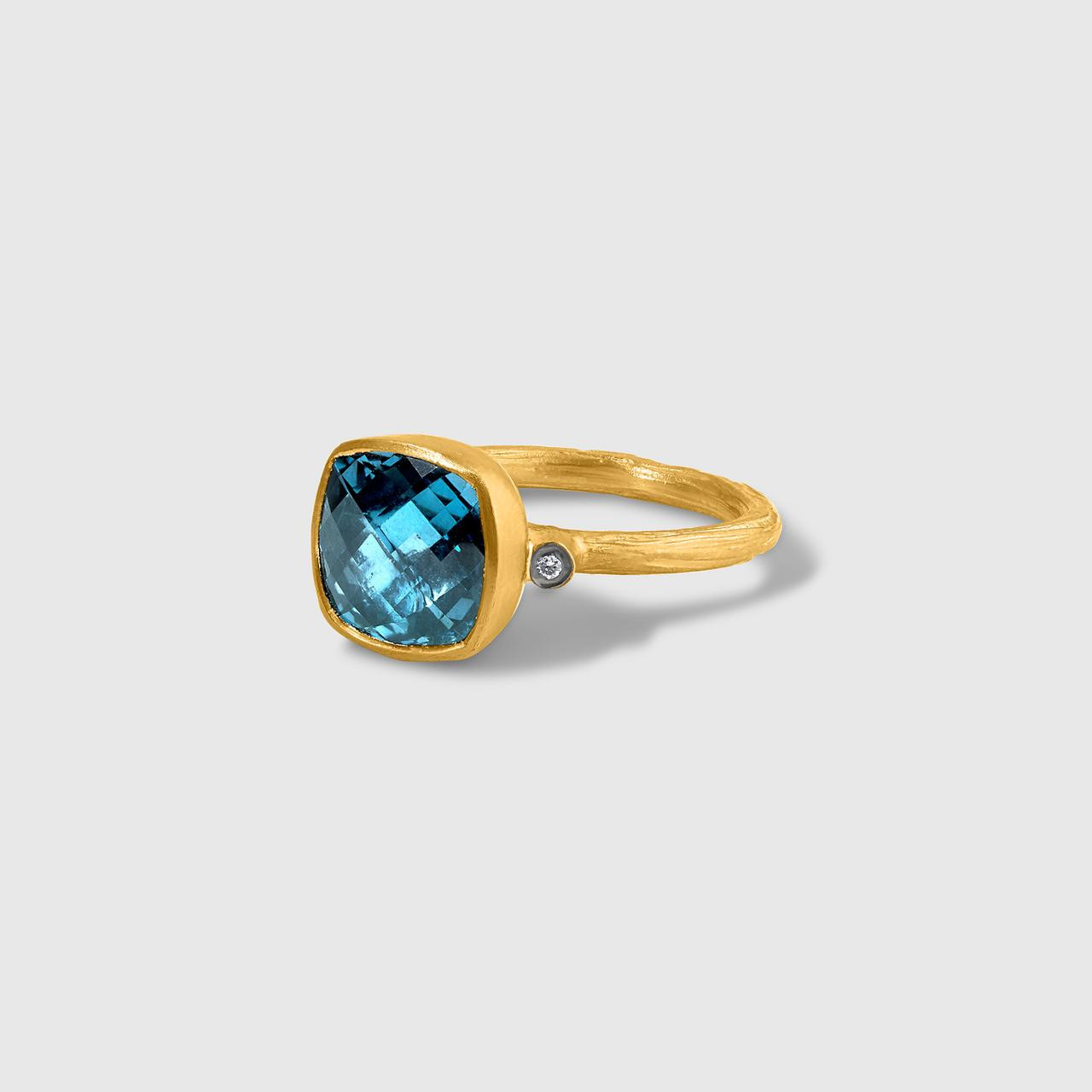 Buy Checkerboard London Blue Topaz Ring with Side Diamonds  display picture 1