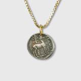 Prehistoric Works Ephesus, Queen Bee, Tetra Drachm, Ancient Charm Coin (Replica) Pendant, 24kt Gold, Silver & 0.10ct Emeralds 