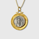 Prehistoric Works Large, Gold-Framed, Ancient, Ephesus, Queen Bee, Tetra Drachm, Coin (Replica) Charm Pendant, 24kt Gold and Silver 