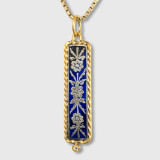 Prehistoric Works Framed, 24K Gold, Long Blue & Silver, Enameled Flowered Pendant with 0.02ct Diamonds 