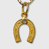 Prehistoric Works Lucky Horse Shoe Charm Pendant, Solid 24K Gold and 0.02ct Diamond 