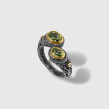 Prehistoric Works Double Peridot Ring with Diamonds, Filigree Sterling Silver, and 24kt Gold Bezels 