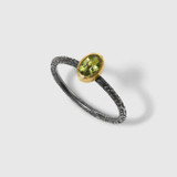 Prehistoric Works Bright Green, Oval Peridot Ring, 24kt Gold and Textured Sterling Silver Band 