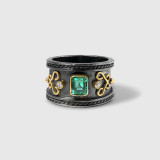  Bright Emerald Statement Cocktail Ring with Diamonds, 24kt Yellow Gold and Sterling Silver 