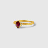 Prehistoric Works Dark Red, Oval Single Ruby with Diamond, 24kt Solid Gold Ring 