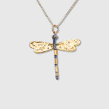 Prehistoric Works Large, Dragonfly Charm Pendant Necklace with Diamonds, 24kt Gold and Silver 