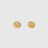 Prehistoric Works Textured Circle Stud Earrings with Diamonds, 24kt Solid Yellow Gold 