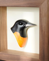 Baltimore Oriole Portrait, Wood Sculpture, Intarsia, by T.A.G. Smith (Tom Smith) of the UK, Bird Sculpture, Wood, Intarsia | available in the elk & HAMMER Gallery of Bozeman, Montana, curated by Ashley Childs