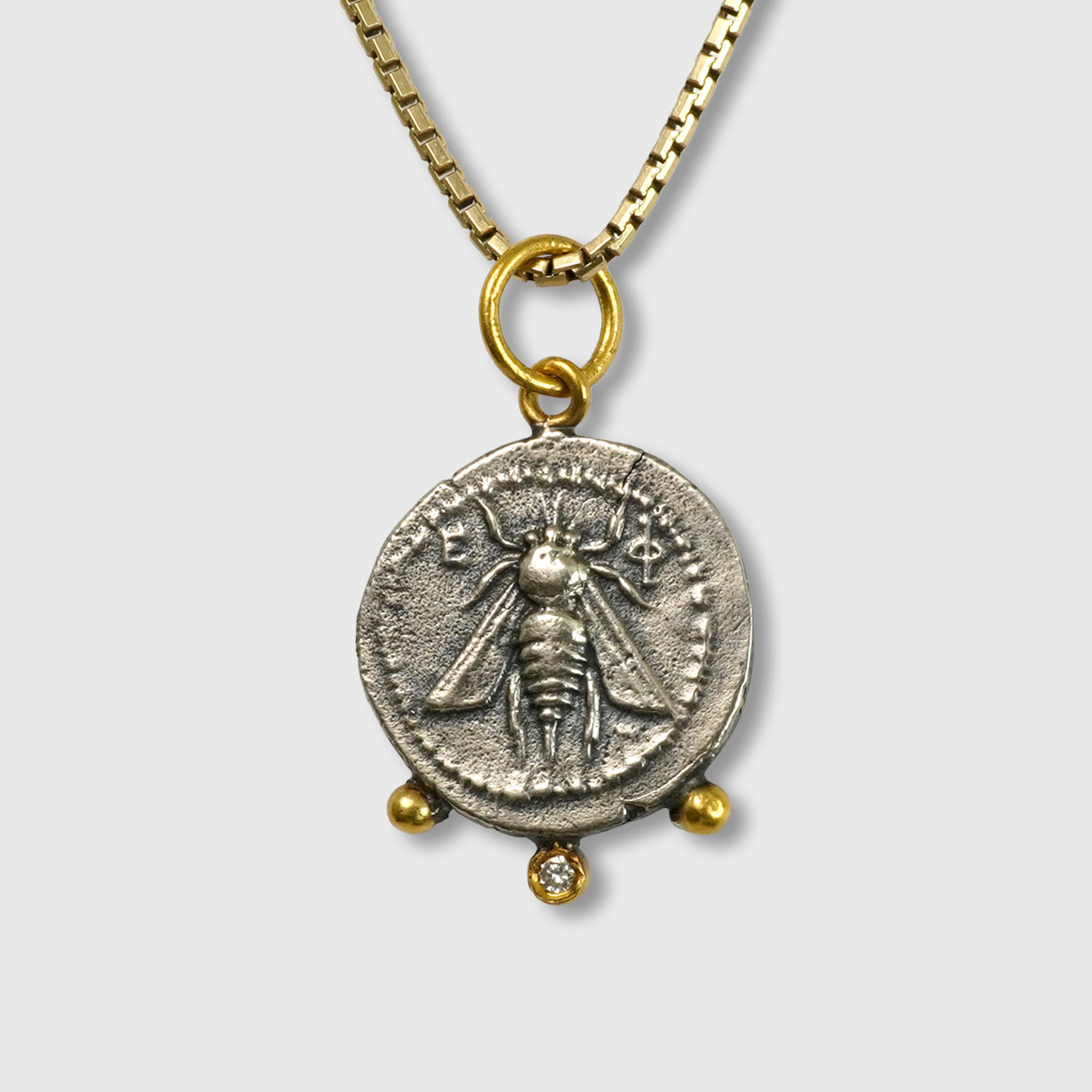 Prehistoric Works Ancient, Ephesus, Queen Bee, Tetra Drachm, Charm Coin (Replica) Pendant, 24kt Gold, Silver & 0.02ct Dia 