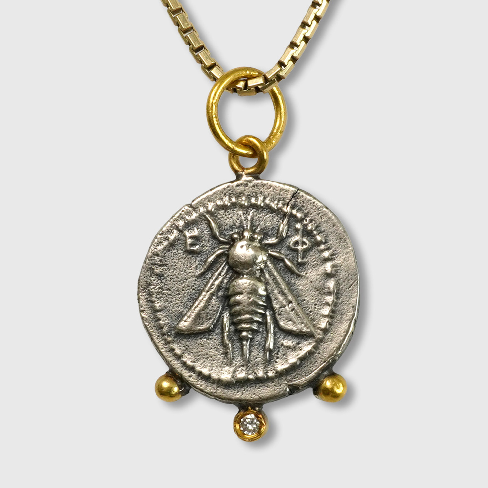 Prehistoric Works Ancient, Ephesus, Queen Bee, Tetra Drachm, Charm Coin (Replica) Pendant, 24kt Gold, Silver & 0.02ct Dia 