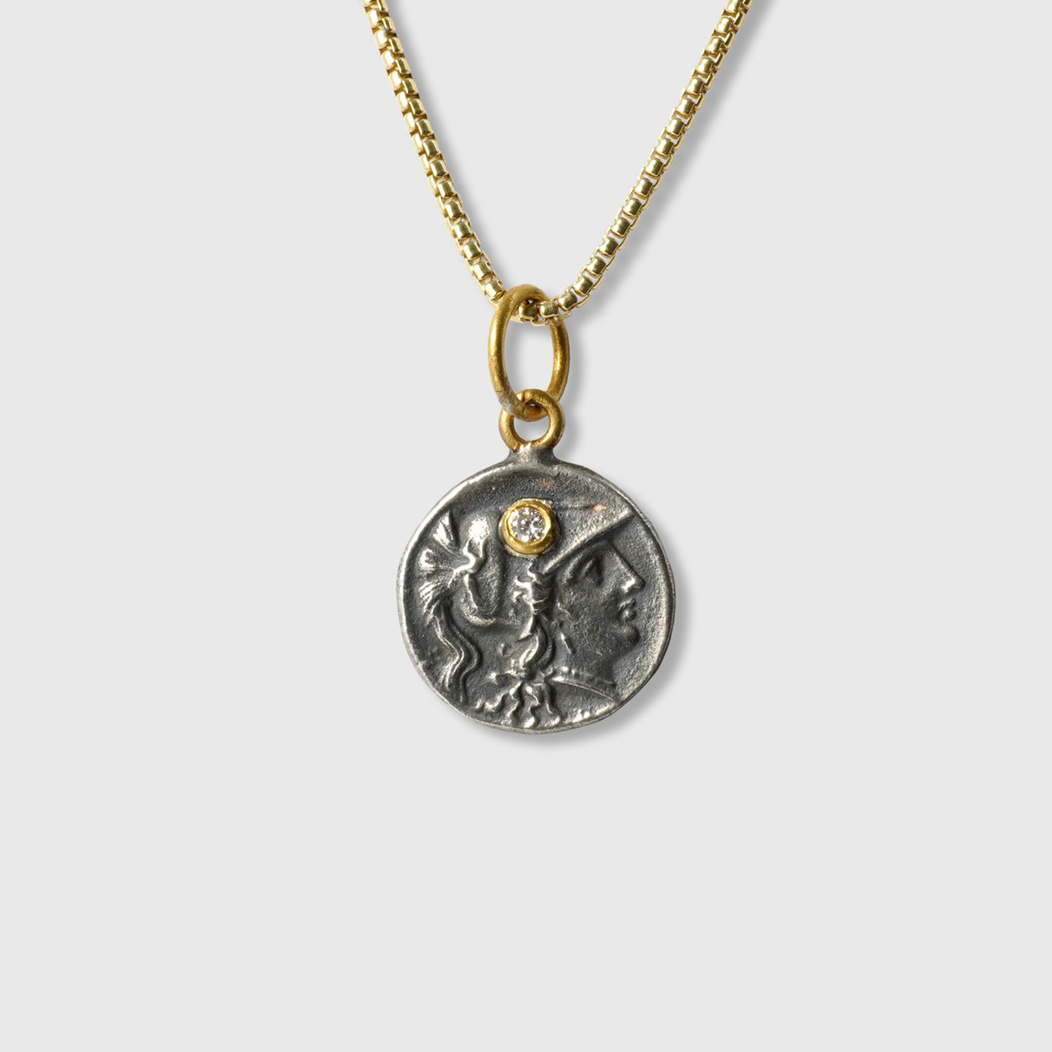 Prehistoric Works Ancient Athena - Wisdom Goddess - Coin (Replica) Tetradrachm Charm Pendant, 24kt Gold, Silver & 0.01ct Diamond 