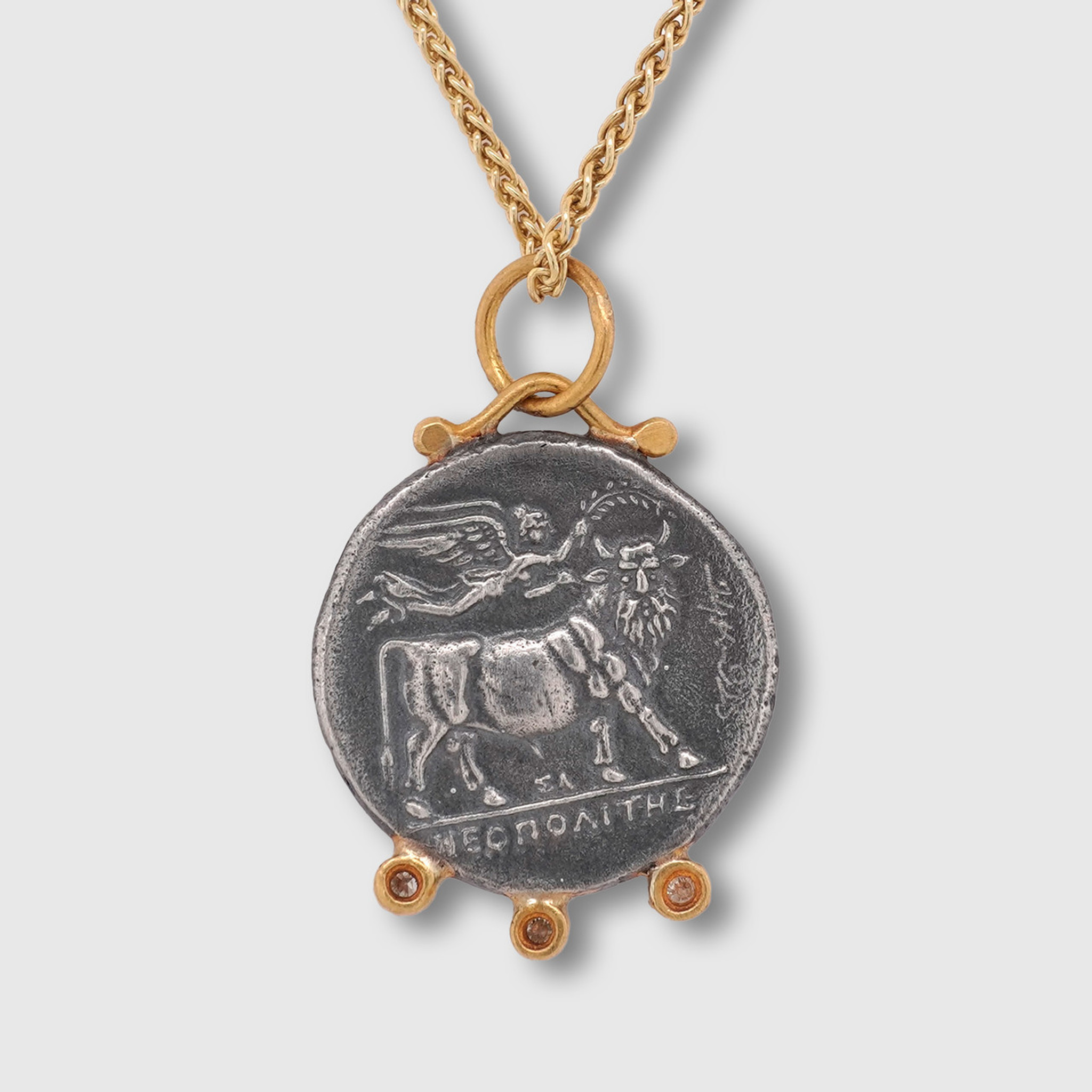 Prehistoric Works Demeter, Ancient Harvest Goddess - Tetradrachm Coin (Replica) Charm Pendant, 24kt Gold, Silver & 0.06ct Diamonds 