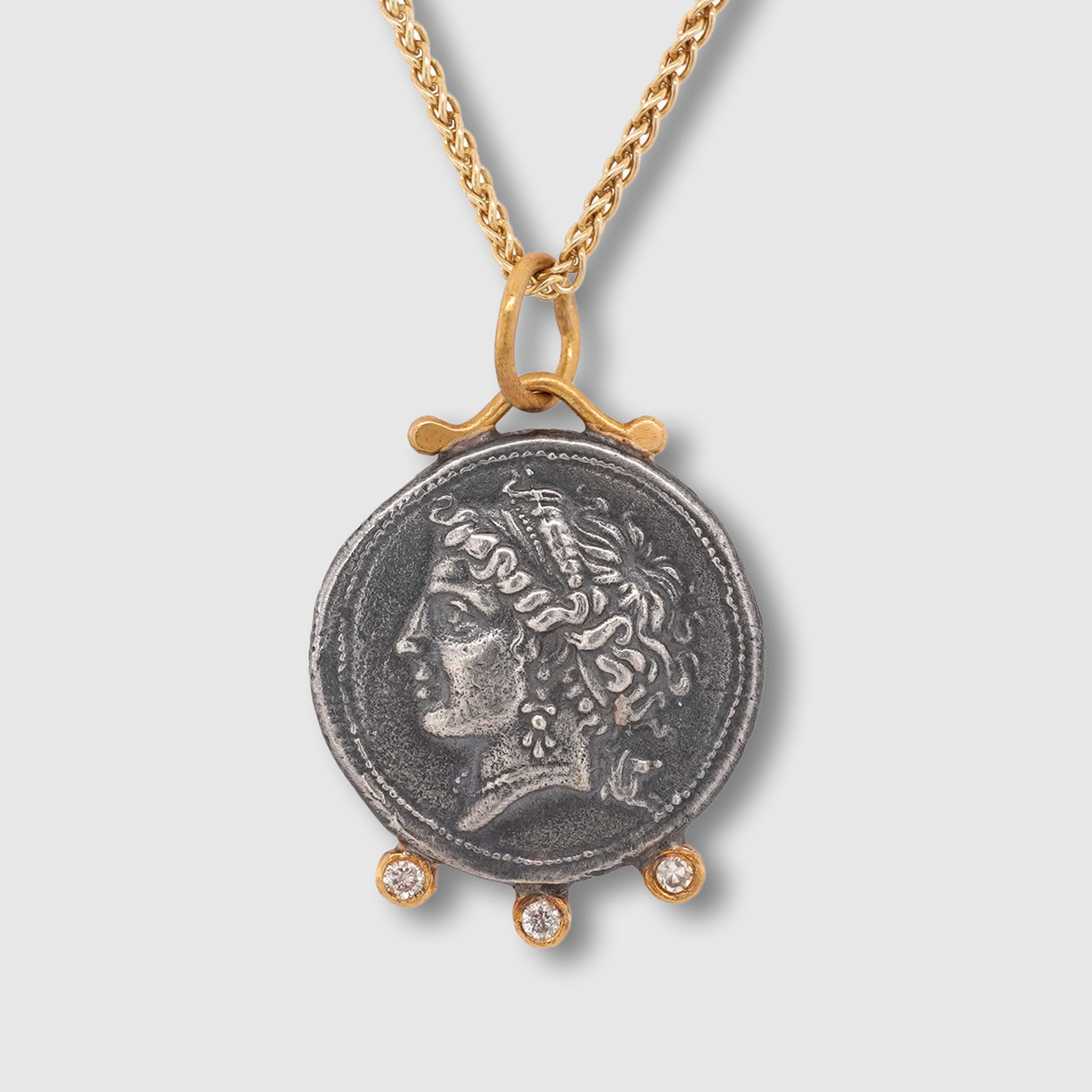 Prehistoric Works Demeter, Ancient Harvest Goddess - Tetradrachm Coin (Replica) Charm Pendant, 24kt Gold, Silver & 0.06ct Diamonds 