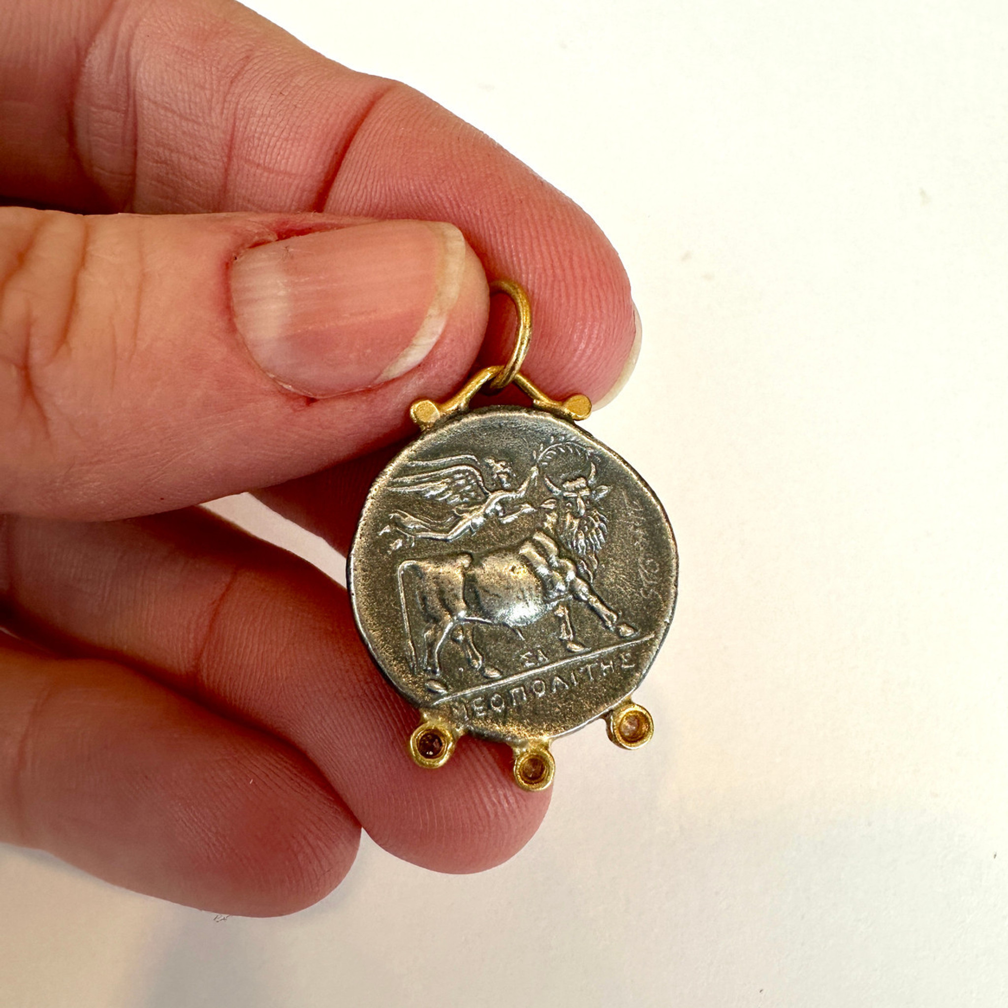 Prehistoric Works Demeter, Ancient Harvest Goddess - Tetradrachm Coin (Replica) Charm Pendant, 24kt Gold, Silver & 0.06ct Diamonds 