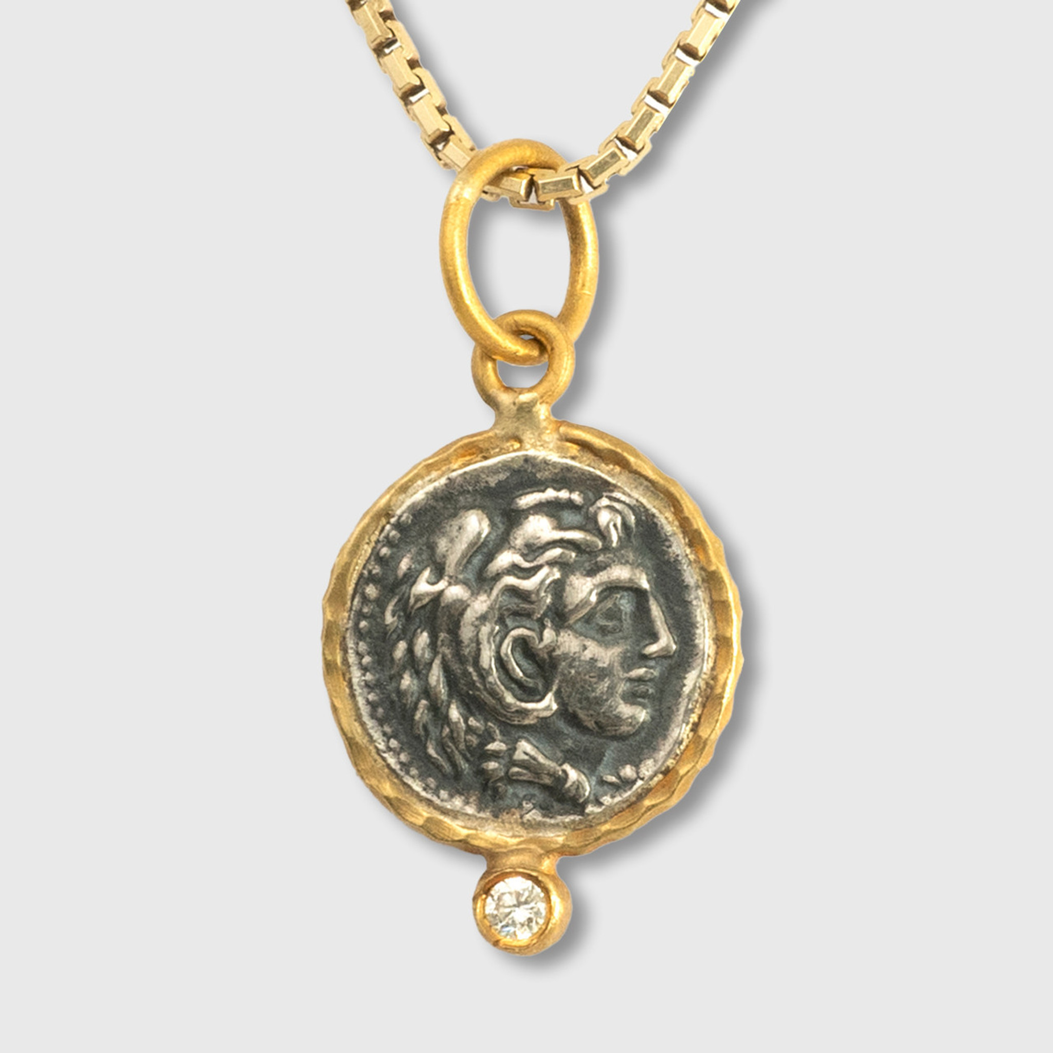 Prehistoric Works Alexander the Great, Charm Pendant, Tetradrachm (Coin Replica) 24kt Gold, Silver & 0.02ct Diamonds 