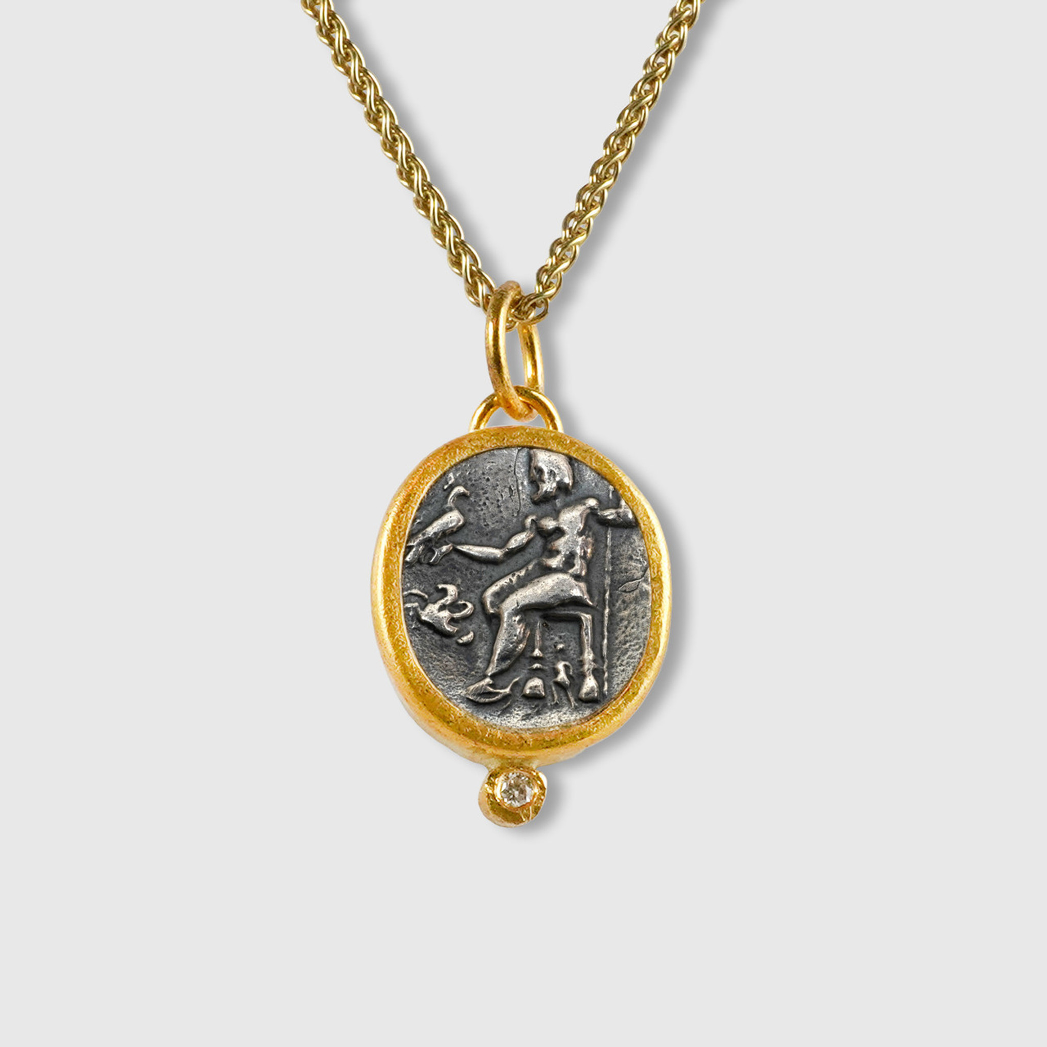 Prehistoric Works Gold-Framed Ancient Zeus Seated, Holding Eagle and Scepter, Tetradrachm Coin (Replica) Charm Pendant, 24kt Gold, Silver & 0.02ct Diamonds 