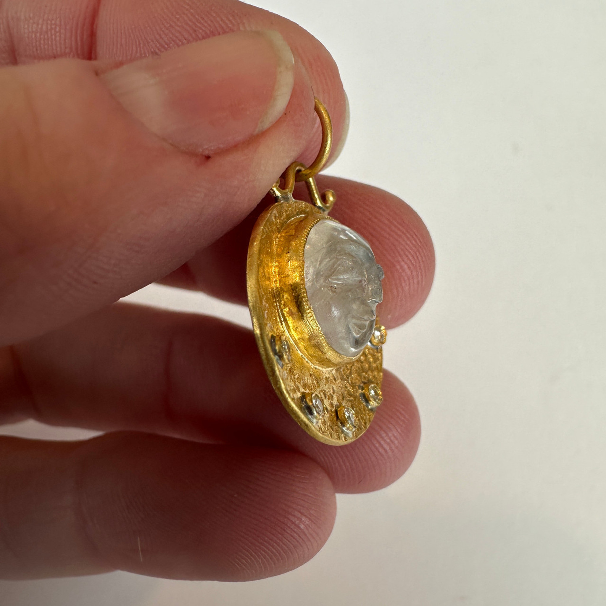 Prehistoric Works 24kt Yellow Gold Moon Stone - Moon Face - Charm Pendant with 0.10ct Diamonds & Silver 