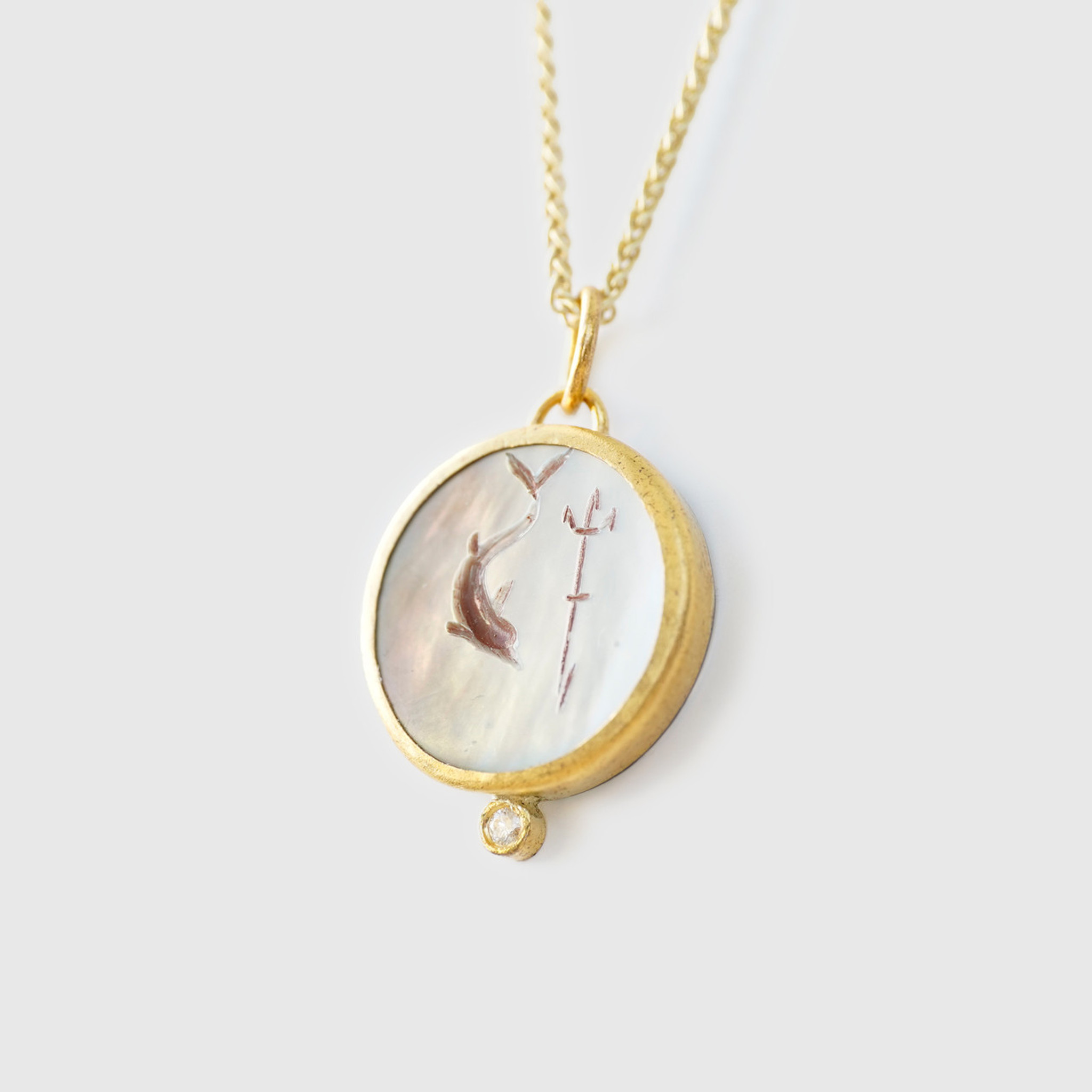 Prehistoric Works Poseidon, Arrow & Dolphin Intaglio Charm Pendant Necklace - 24kt Yellow Gold, Mother of Pearl with Diamond & Silver 
